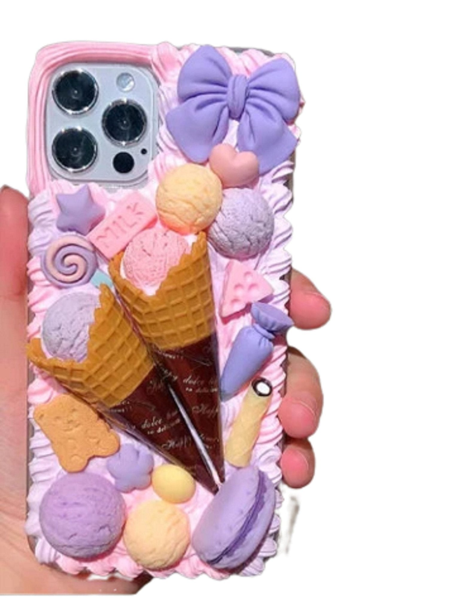 Finished Handmade Decoden Phone Cases | Ice Cream Scoops Waffle Cones Macaroons Candy Hearts Dessert Charms | Samsung Android iPhone Cases - MeowsomeCrafts