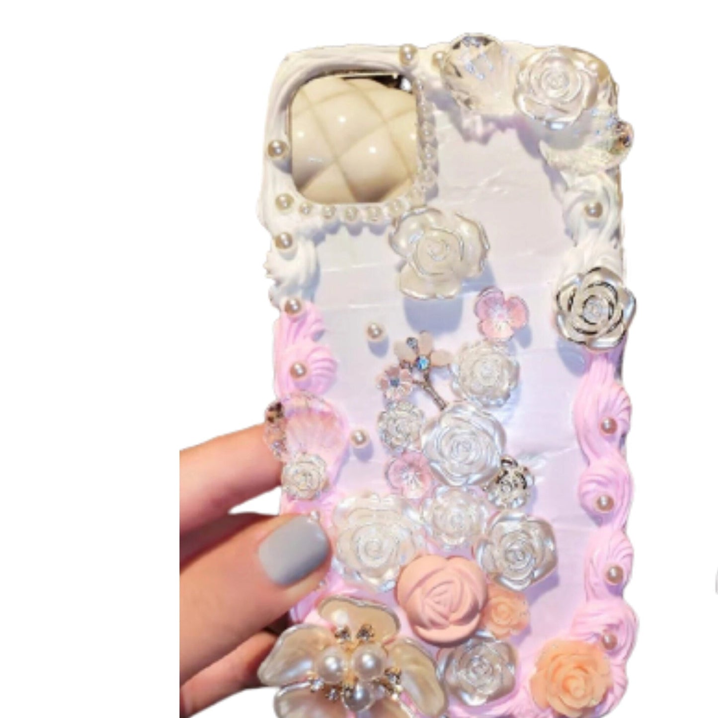 Finished Handmade Decoden Phone Cases | Iridescent Butterflies Flowers Roses Frames Pearls Charms | Samsung Android iPhone Cases - MeowsomeCrafts