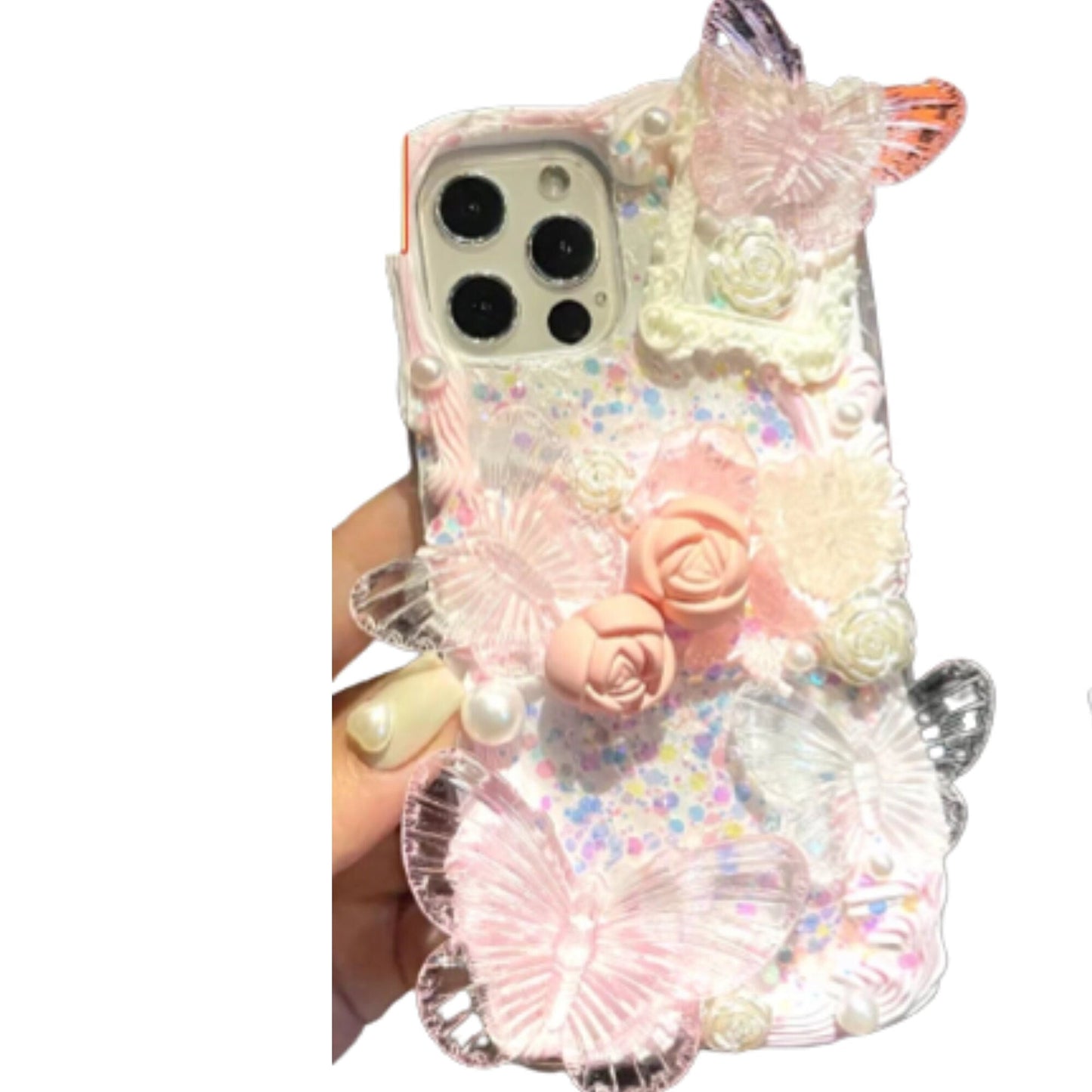 Finished Handmade Decoden Phone Cases | Iridescent Butterflies Flowers Roses Frames Pearls Charms | Samsung Android iPhone Cases - MeowsomeCrafts