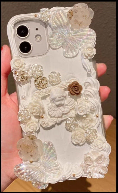 Finished Handmade Decoden Phone Cases | Iridescent Butterflies Mirror Pearls Frames Angels Charms | Samsung Android iPhone Cases - MeowsomeCrafts