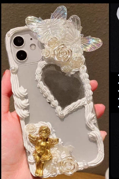 Finished Handmade Decoden Phone Cases | Iridescent Butterflies Mirror Pearls Frames Angels Charms | Samsung Android iPhone Cases - MeowsomeCrafts