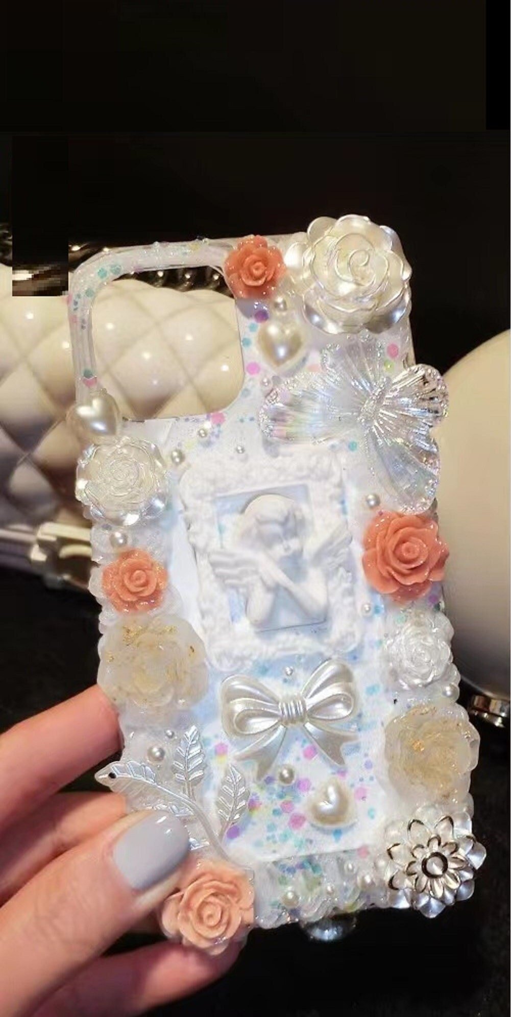 Finished Handmade Decoden Phone Cases | Iridescent Flowers Bows Stringed Pearls Frames Charms | Samsung Android iPhone Cases - MeowsomeCrafts