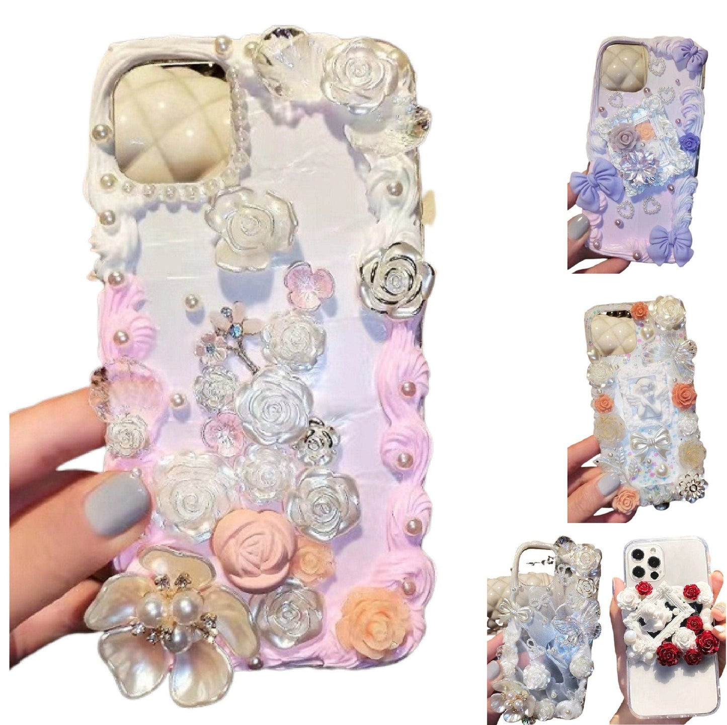 Finished Handmade Decoden Phone Cases | Iridescent Flowers Bows Stringed Pearls Frames Charms | Samsung Android iPhone Cases - MeowsomeCrafts