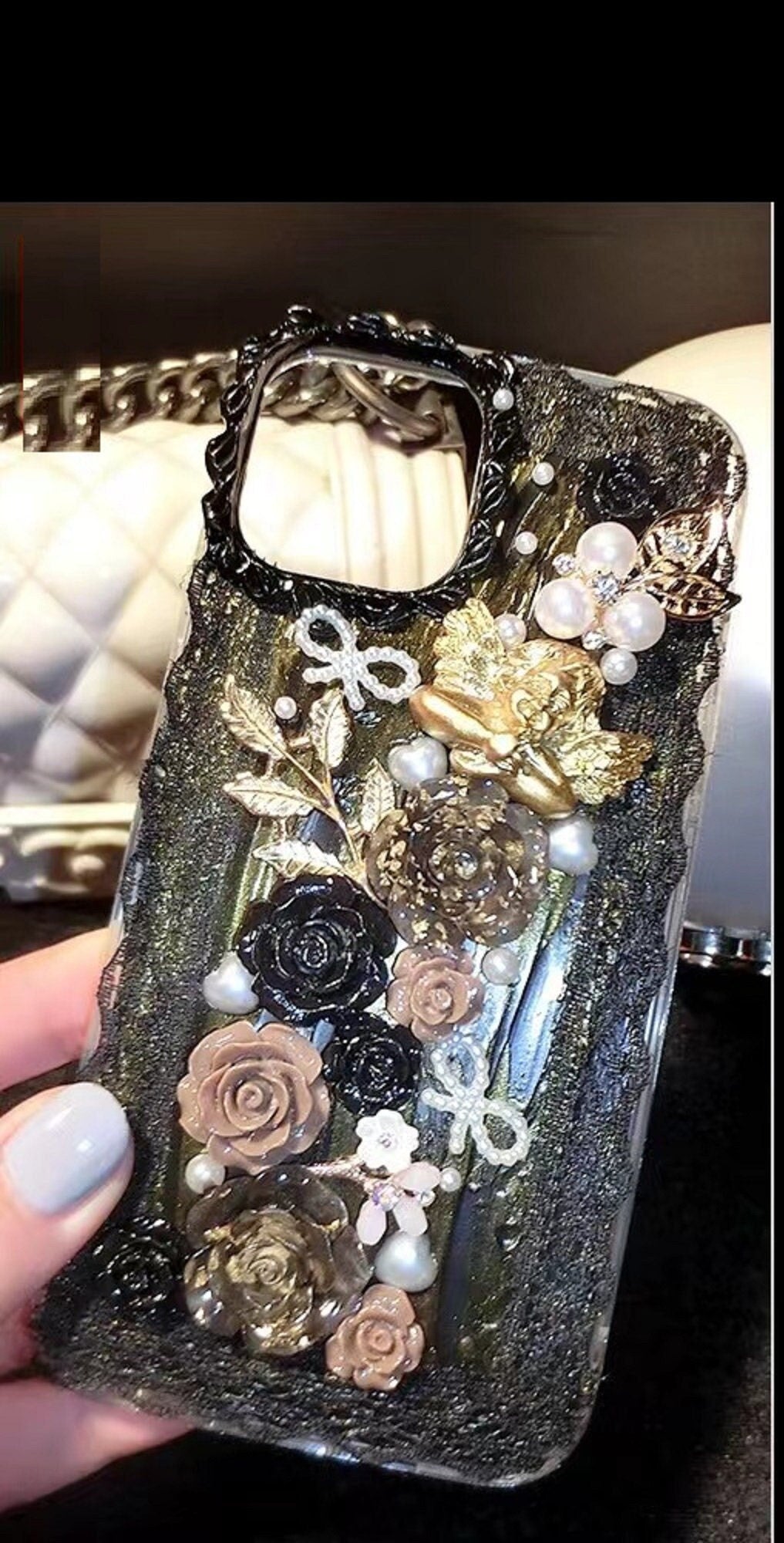 Finished Handmade Decoden Phone Cases | Iridescent Flowers Bows Stringed Pearls Frames Charms | Samsung Android iPhone Cases - MeowsomeCrafts