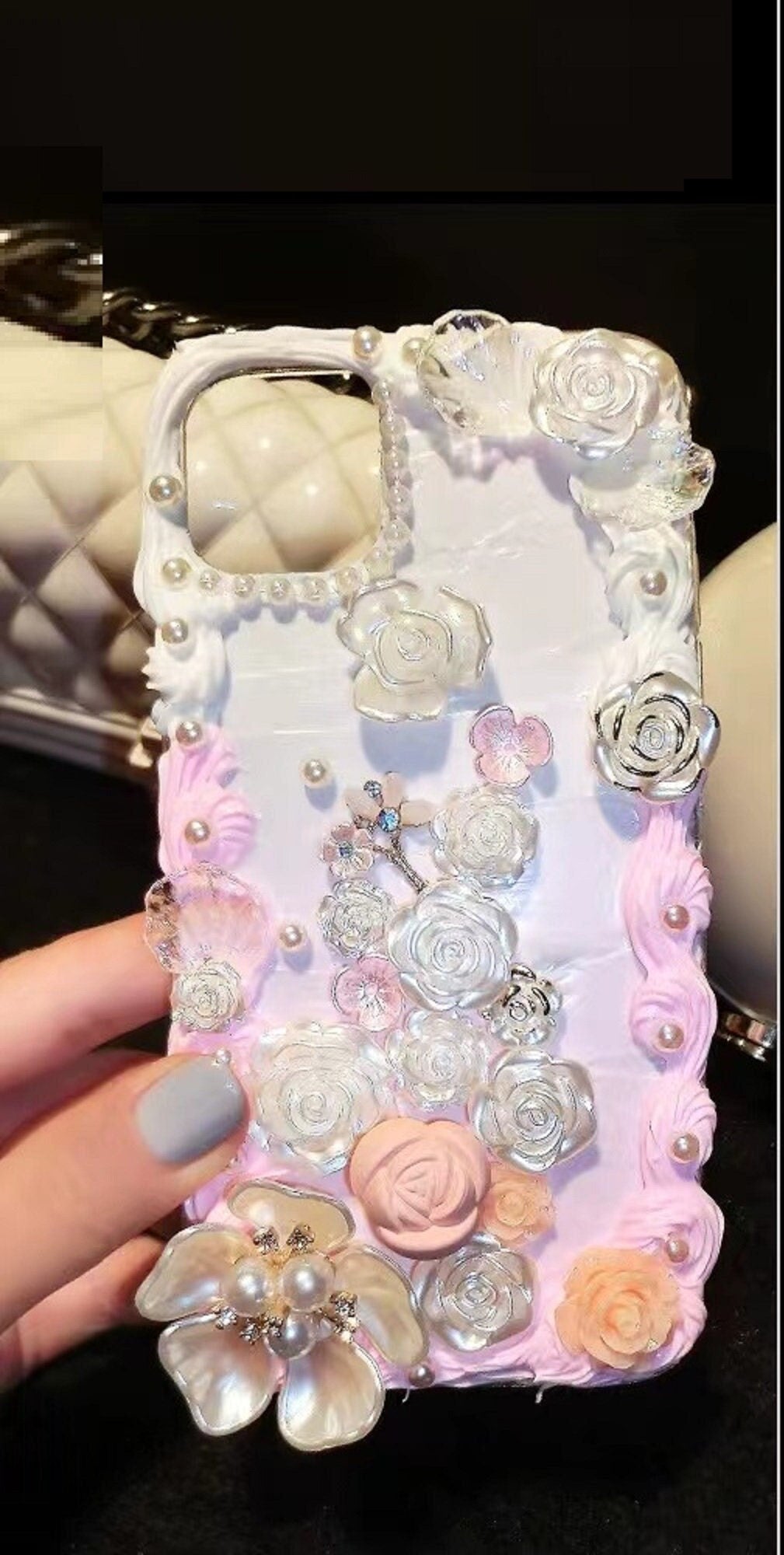 Finished Handmade Decoden Phone Cases | Iridescent Flowers Bows Stringed Pearls Frames Charms | Samsung Android iPhone Cases - MeowsomeCrafts