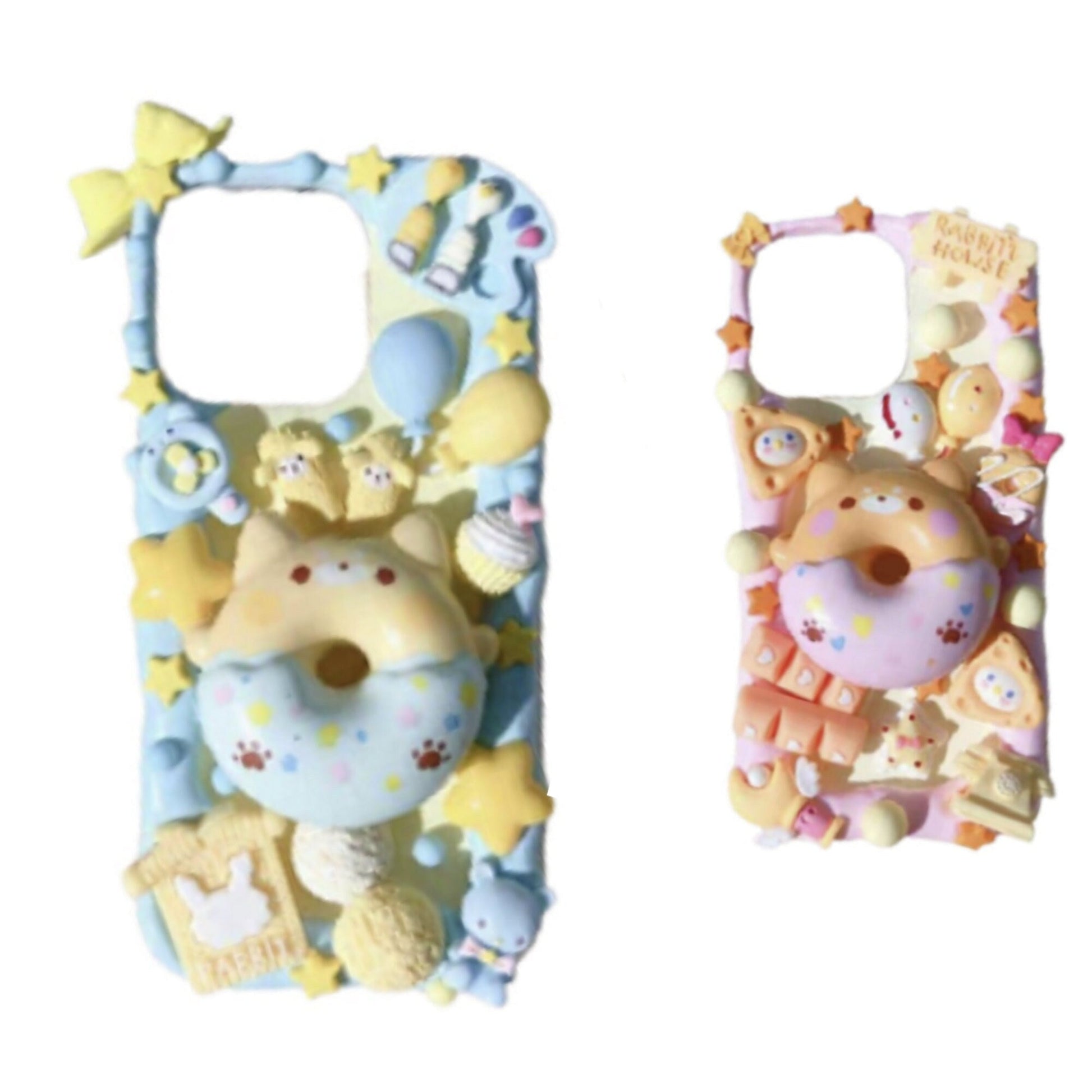 Finished Handmade Decoden Phone Cases | Kawaii Animal Frosted Donuts Bear Chick Cat Dog Balloons Charms | Samsung Android iPhone Cases - MeowsomeCrafts