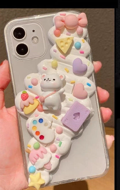 Finished Handmade Decoden Phone Cases | Kawaii Bear Heart Bag Food Candy Sprinkles Dessert Flower Charms | Samsung Android iPhone Cases - MeowsomeCrafts