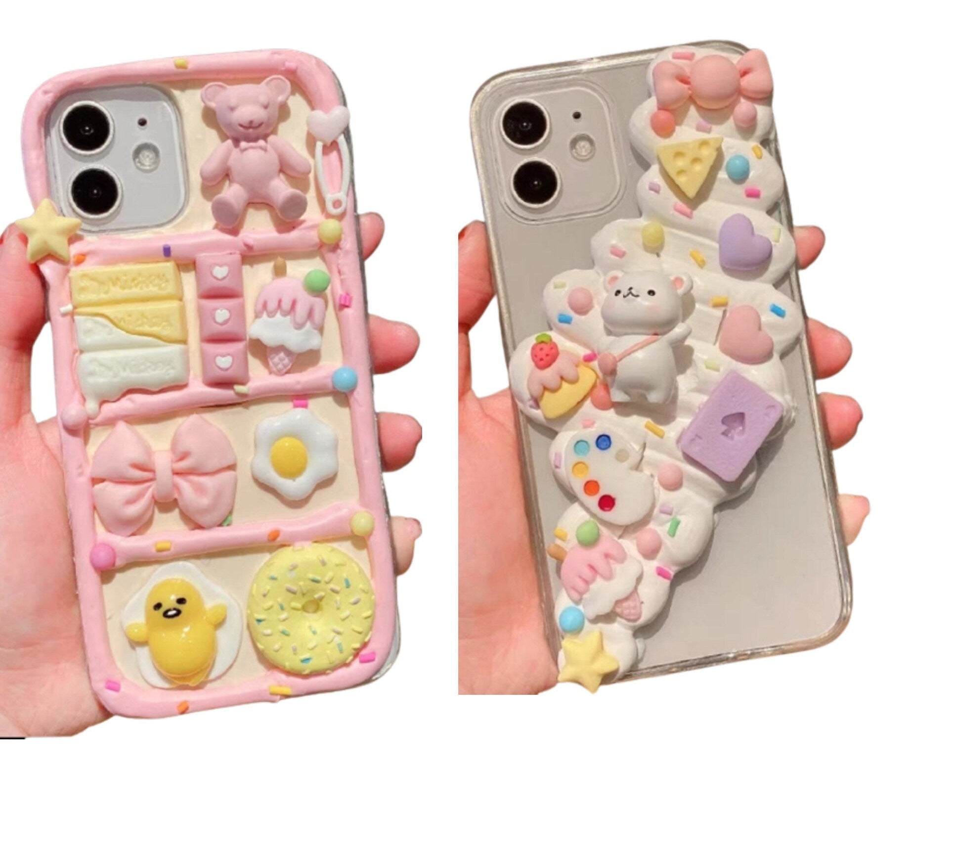 Finished Handmade Decoden Phone Cases | Kawaii Bear Heart Bag Food Candy Sprinkles Dessert Flower Charms | Samsung Android iPhone Cases - MeowsomeCrafts