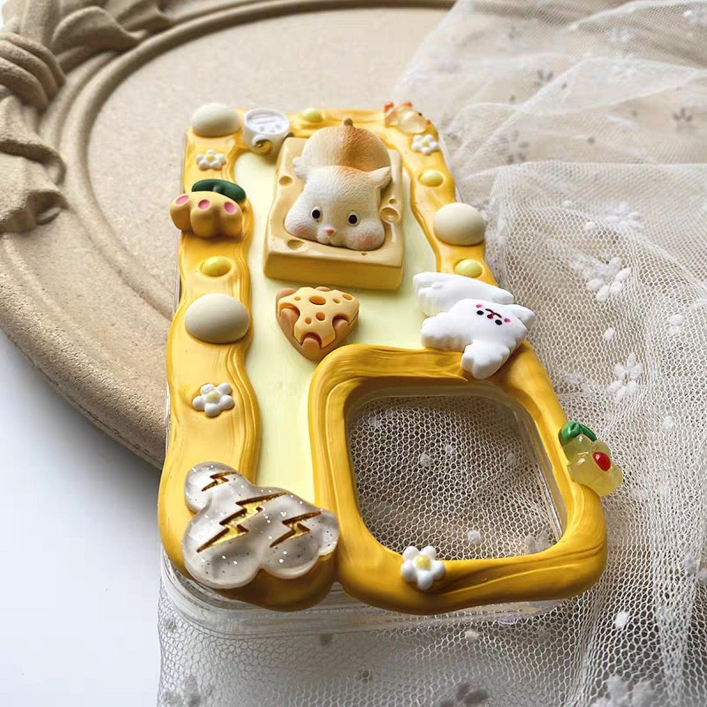 Finished Handmade Decoden Phone Cases | Kawaii Fat Tiger Cat Mouse Cheese Flowers Charms | Samsung Android iPhone Cases - MeowsomeCrafts