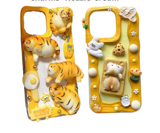 Finished Handmade Decoden Phone Cases | Kawaii Fat Tiger Cat Mouse Cheese Flowers Charms | Samsung Android iPhone Cases - MeowsomeCrafts