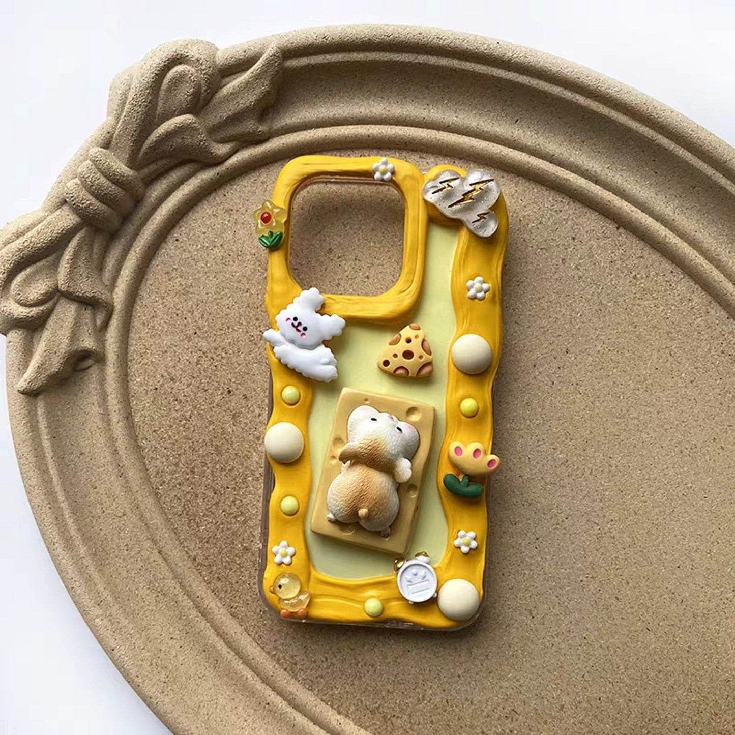 Finished Handmade Decoden Phone Cases | Kawaii Fat Tiger Cat Mouse Cheese Flowers Charms | Samsung Android iPhone Cases - MeowsomeCrafts