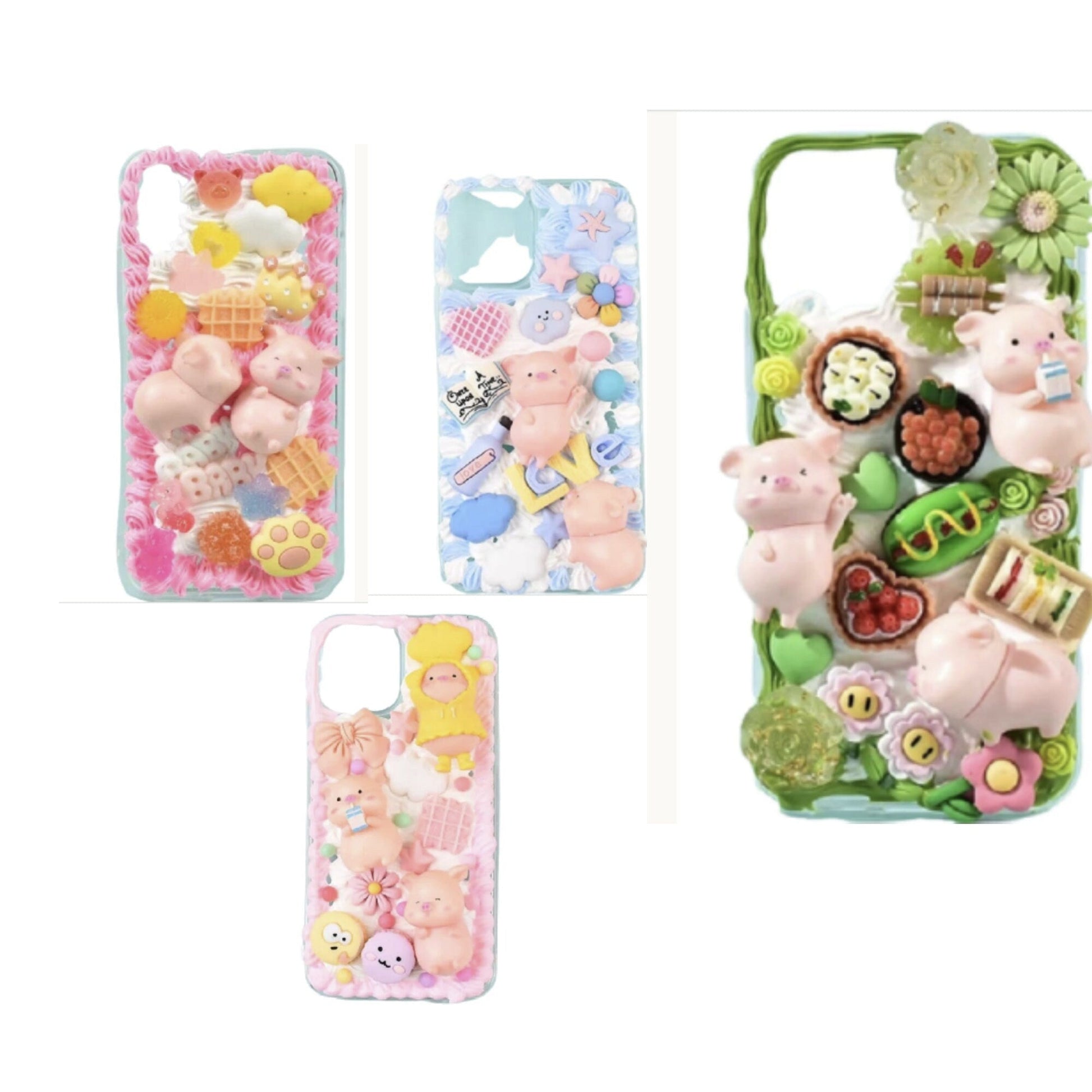 Finished Handmade Decoden Phone Cases | Kawaii Pig Candy Clouds Flowers Food Hearts Stars Charms | Samsung Android iPhone Cases - MeowsomeCrafts