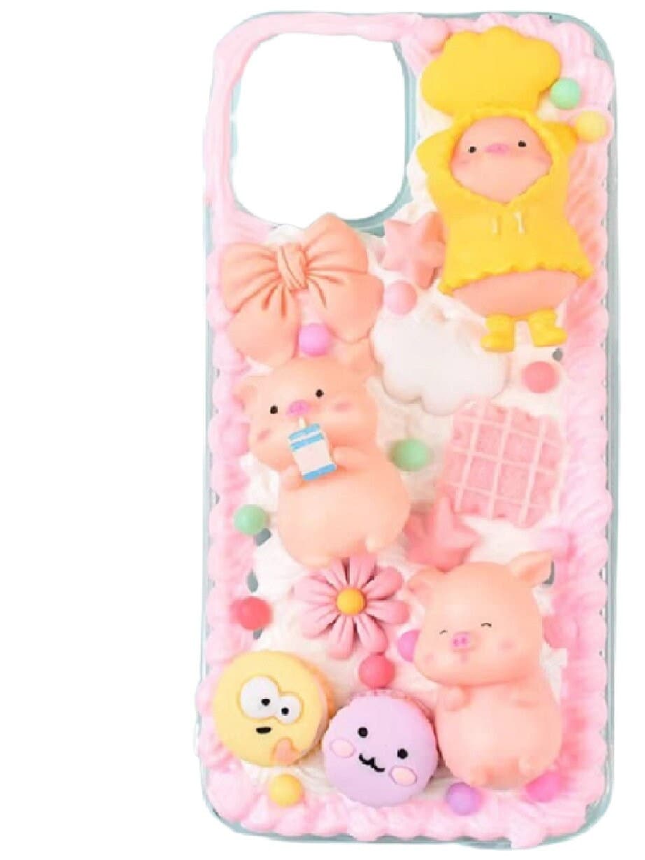 Finished Handmade Decoden Phone Cases | Kawaii Pig Candy Clouds Flowers Food Hearts Stars Charms | Samsung Android iPhone Cases - MeowsomeCrafts