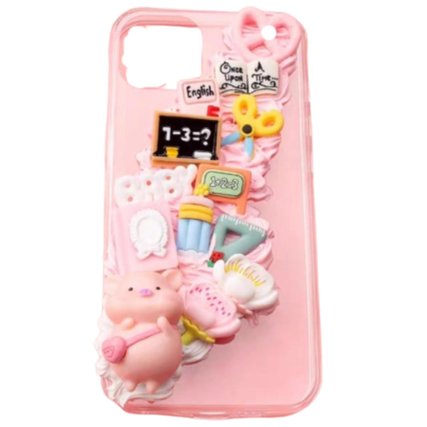 Finished Handmade Decoden Phone Cases | Kawaii Pigs School Supplies Food Drinks Toys Charms | Samsung Android iPhone Cases - MeowsomeCrafts