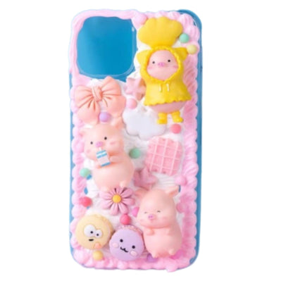 Finished Handmade Decoden Phone Cases | Kawaii Pigs School Supplies Food Drinks Toys Charms | Samsung Android iPhone Cases - MeowsomeCrafts