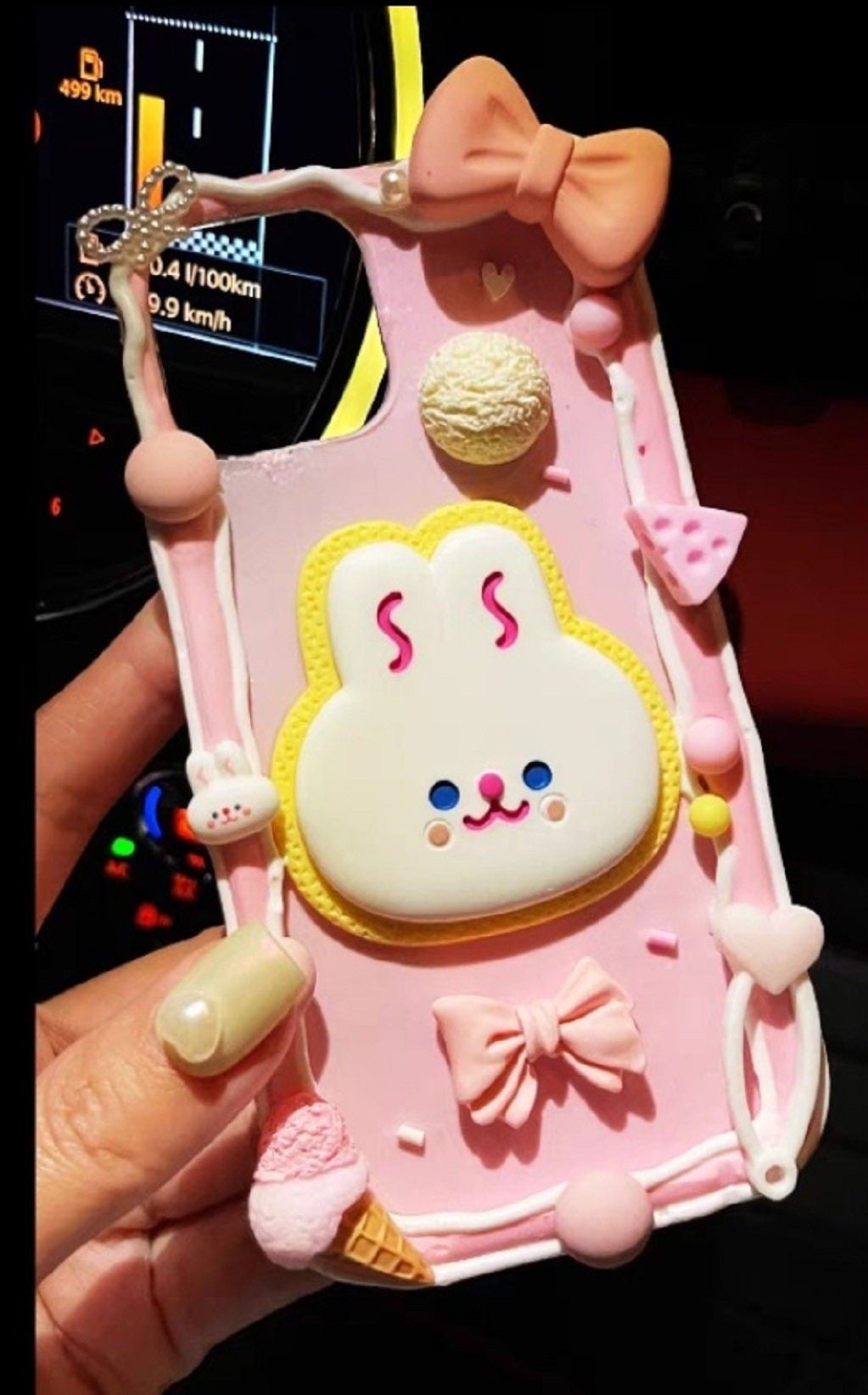 Finished Handmade Decoden Phone Cases | Kawaii Rabbit Bow Strawberry Peach Fruits Ice Cream Pearls Bows Charms | Samsung Android iPhone Cases - MeowsomeCrafts