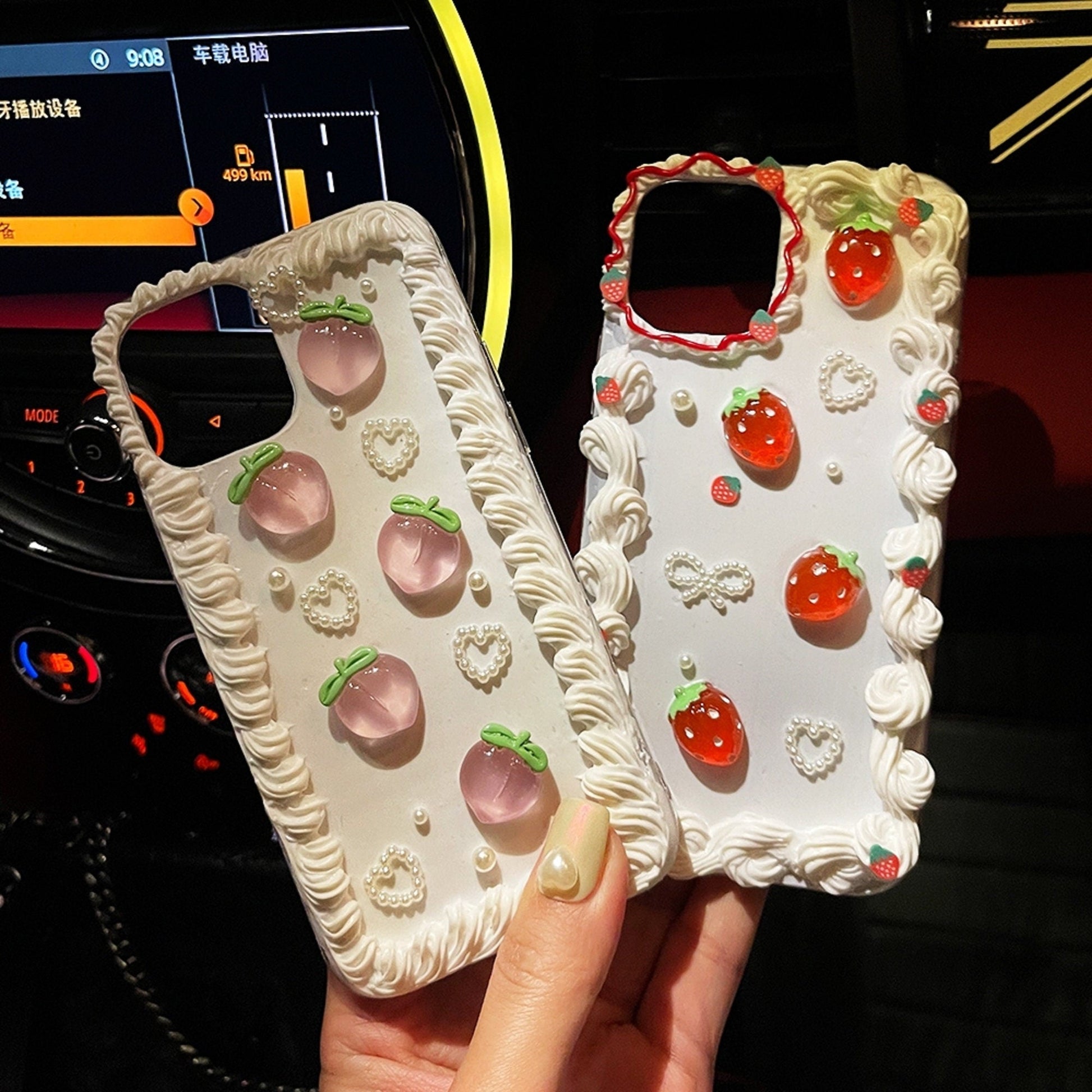 Finished Handmade Decoden Phone Cases | Kawaii Rabbit Bow Strawberry Peach Fruits Ice Cream Pearls Bows Charms | Samsung Android iPhone Cases - MeowsomeCrafts