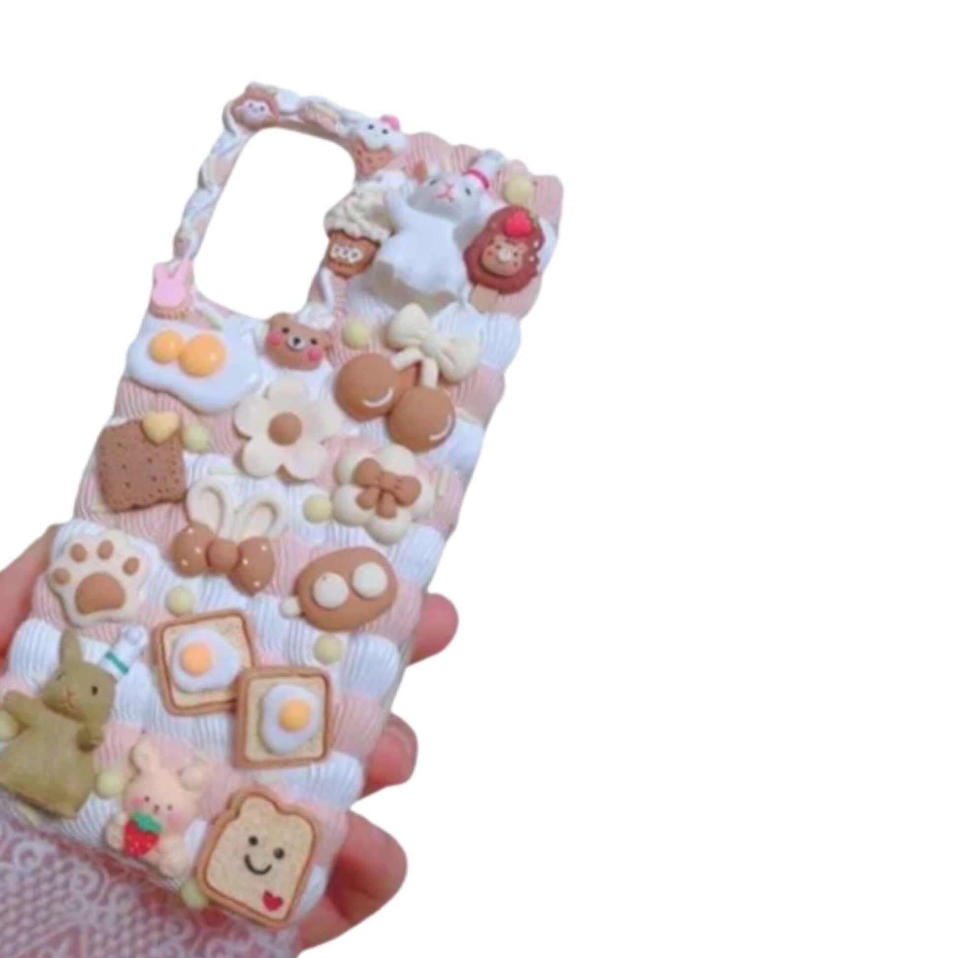 Finished Handmade Decoden Phone Cases | Kawaii Rabbit Eggs Cat Sleeping On Toast Cookies Food Flowers Charms | Samsung Android iPhone Cases - MeowsomeCrafts