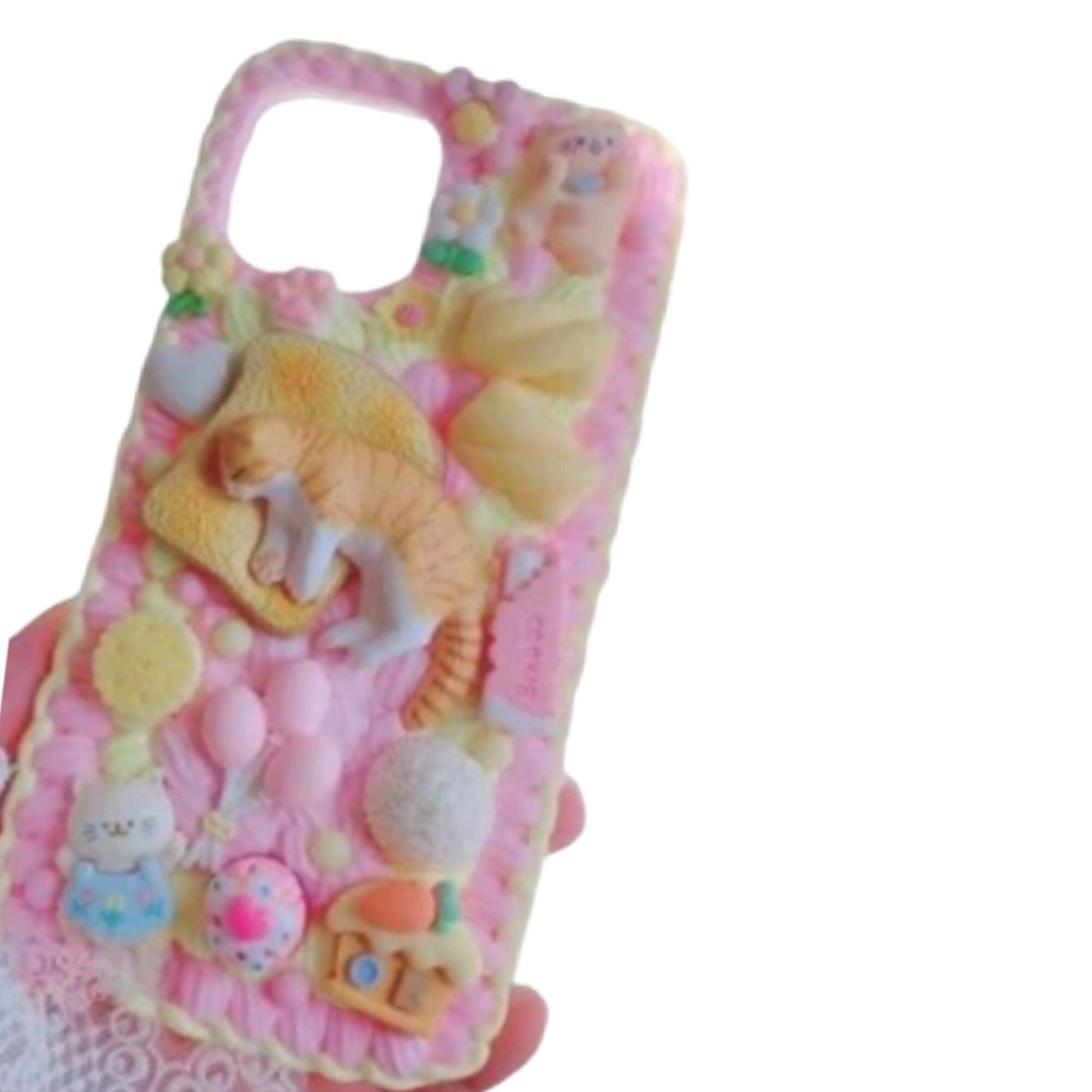 Finished Handmade Decoden Phone Cases | Kawaii Rabbit Eggs Cat Sleeping On Toast Cookies Food Flowers Charms | Samsung Android iPhone Cases - MeowsomeCrafts