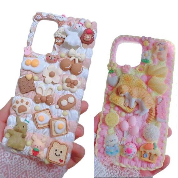 Finished Handmade Decoden Phone Cases | Kawaii Rabbit Eggs Cat Sleeping On Toast Cookies Food Flowers Charms | Samsung Android iPhone Cases - MeowsomeCrafts