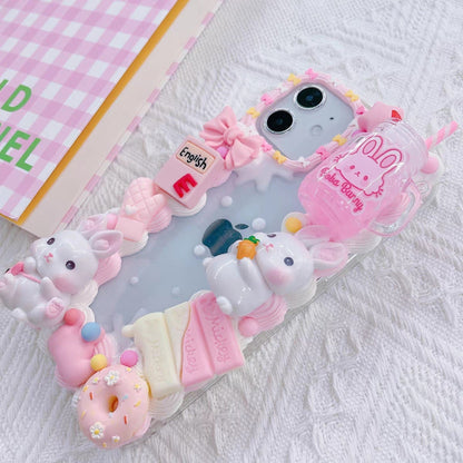 Finished Handmade Decoden Phone Cases | Kawaii Rabbits Strawberries Boba Drink Candy Charms | Samsung Android iPhone Cases - MeowsomeCrafts