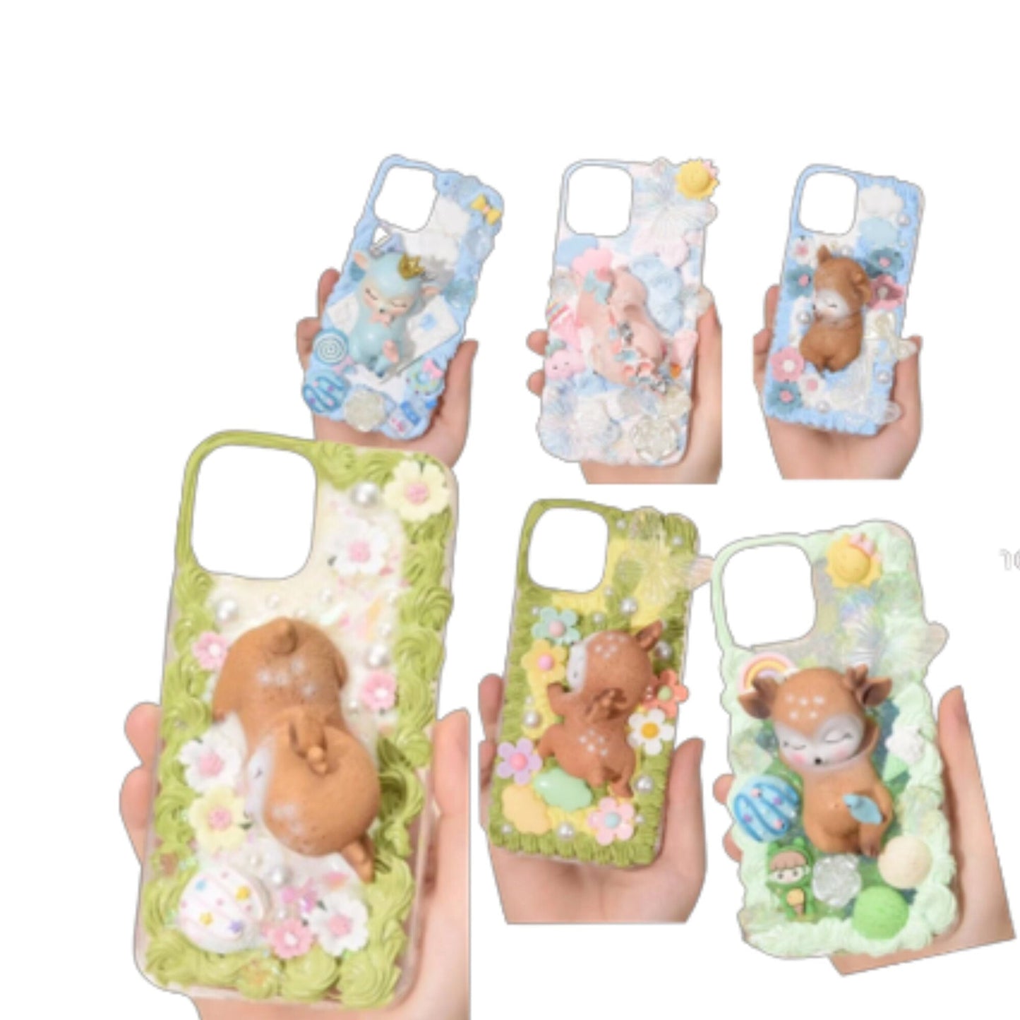 Finished Handmade Decoden Phone Cases | Kawaii Sleeping Sika Baby Deer Clouds Animal Flowers Charms | Samsung Android iPhone Cases - MeowsomeCrafts