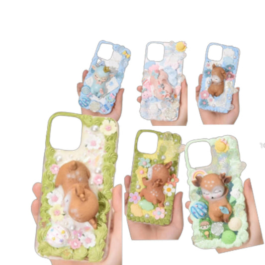 Finished Handmade Decoden Phone Cases | Kawaii Sleeping Sika Baby Deer Clouds Animal Flowers Charms | Samsung Android iPhone Cases - MeowsomeCrafts