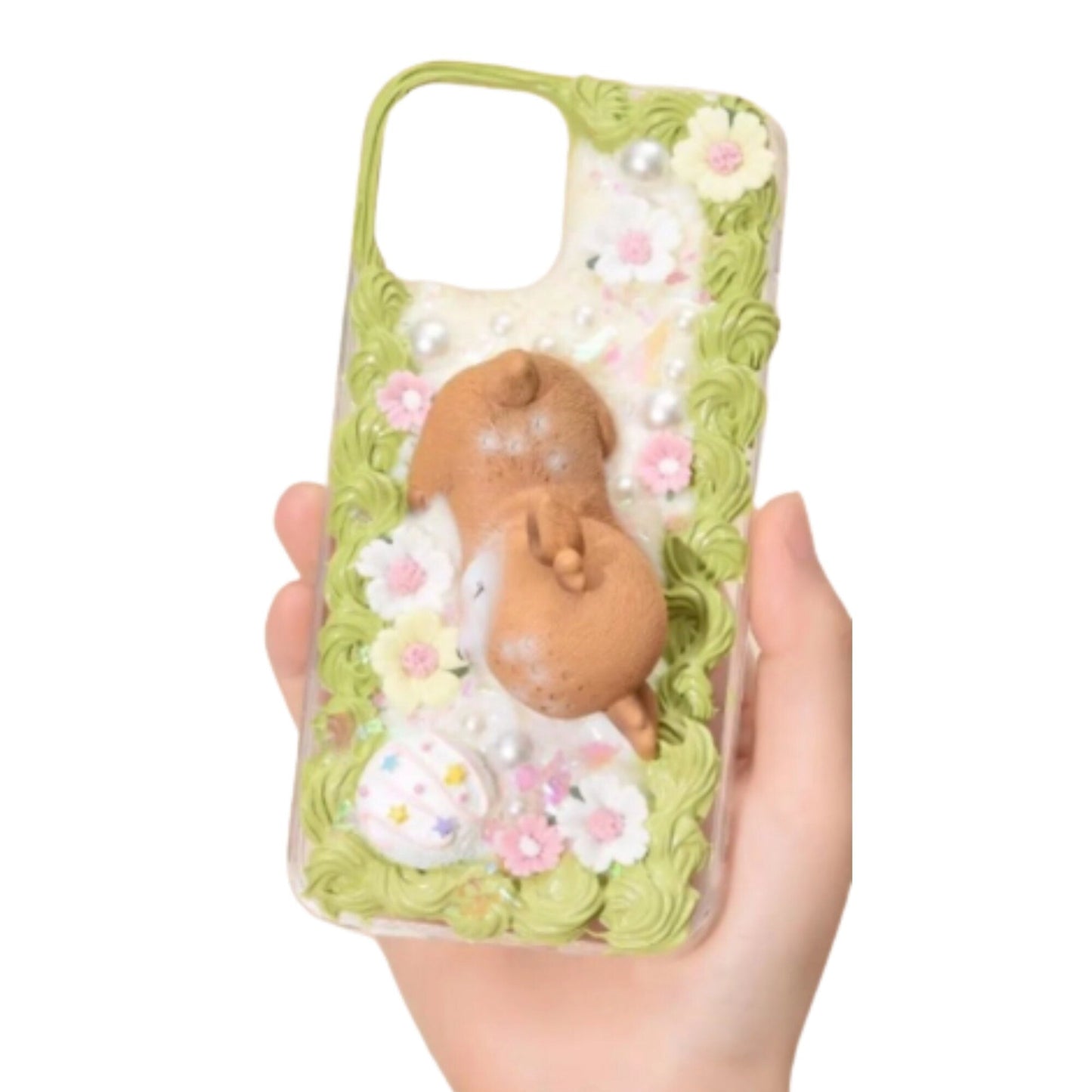 Finished Handmade Decoden Phone Cases | Kawaii Sleeping Sika Baby Deer Clouds Animal Flowers Charms | Samsung Android iPhone Cases - MeowsomeCrafts