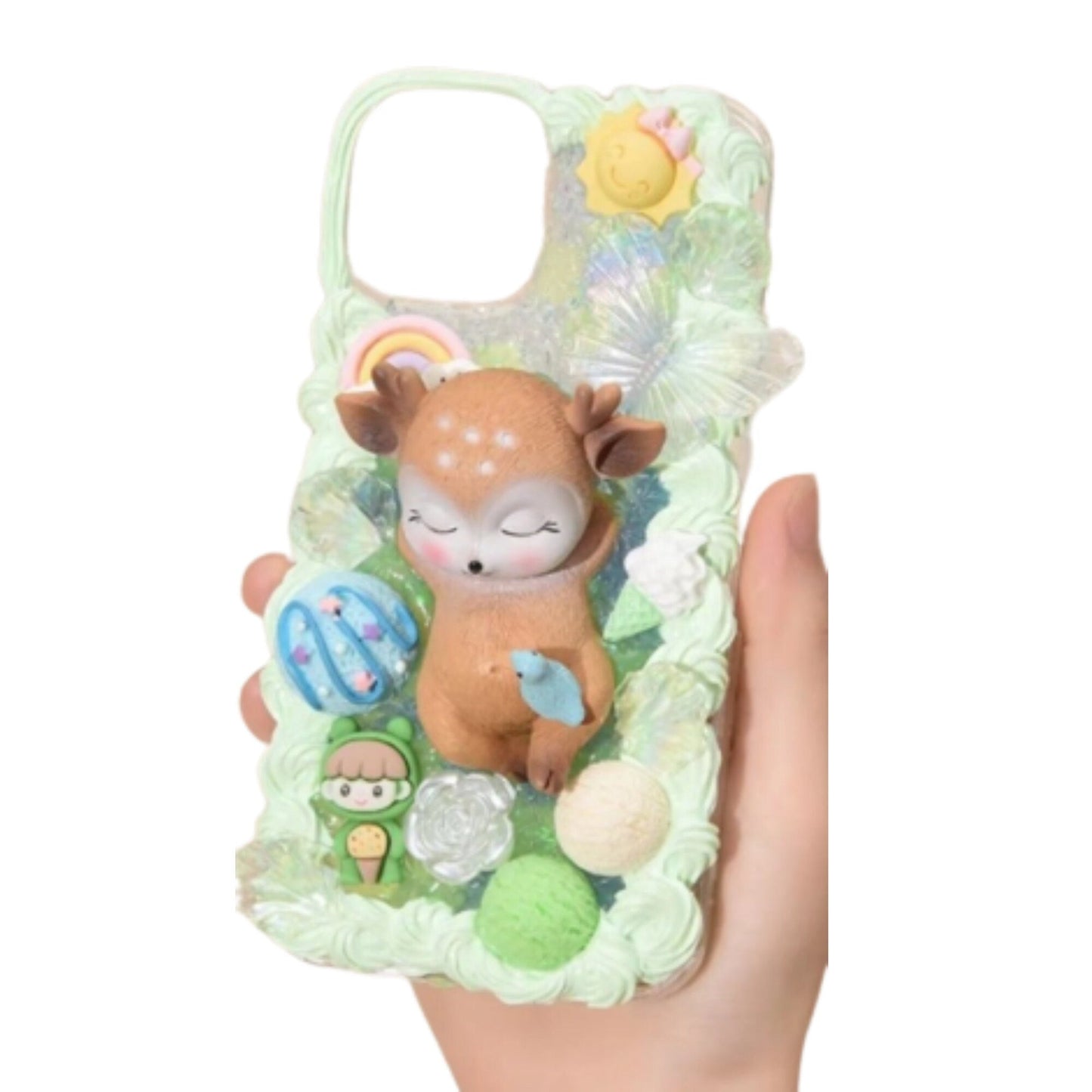 Finished Handmade Decoden Phone Cases | Kawaii Sleeping Sika Baby Deer Clouds Animal Flowers Charms | Samsung Android iPhone Cases - MeowsomeCrafts