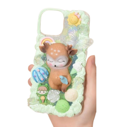 Finished Handmade Decoden Phone Cases | Kawaii Sleeping Sika Baby Deer Clouds Animal Flowers Charms | Samsung Android iPhone Cases - MeowsomeCrafts