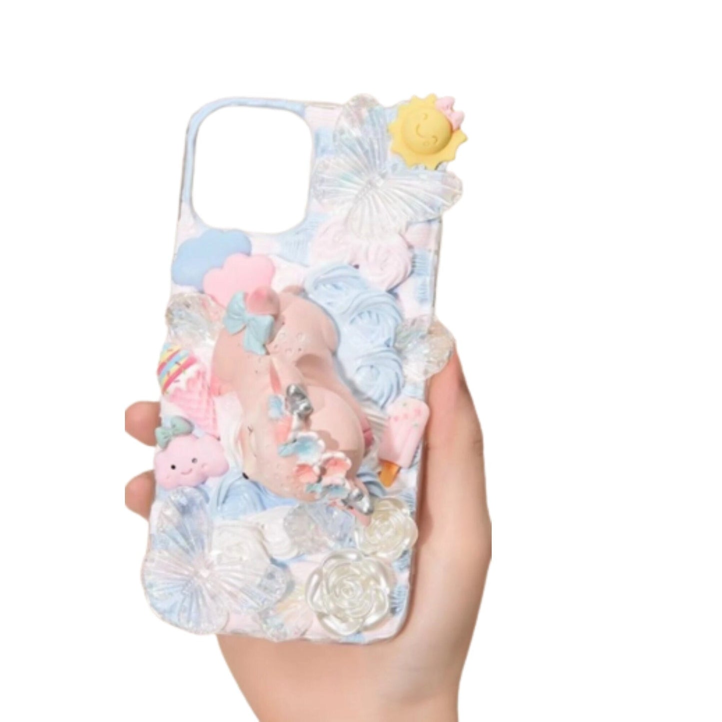 Finished Handmade Decoden Phone Cases | Kawaii Sleeping Sika Baby Deer Clouds Animal Flowers Charms | Samsung Android iPhone Cases - MeowsomeCrafts