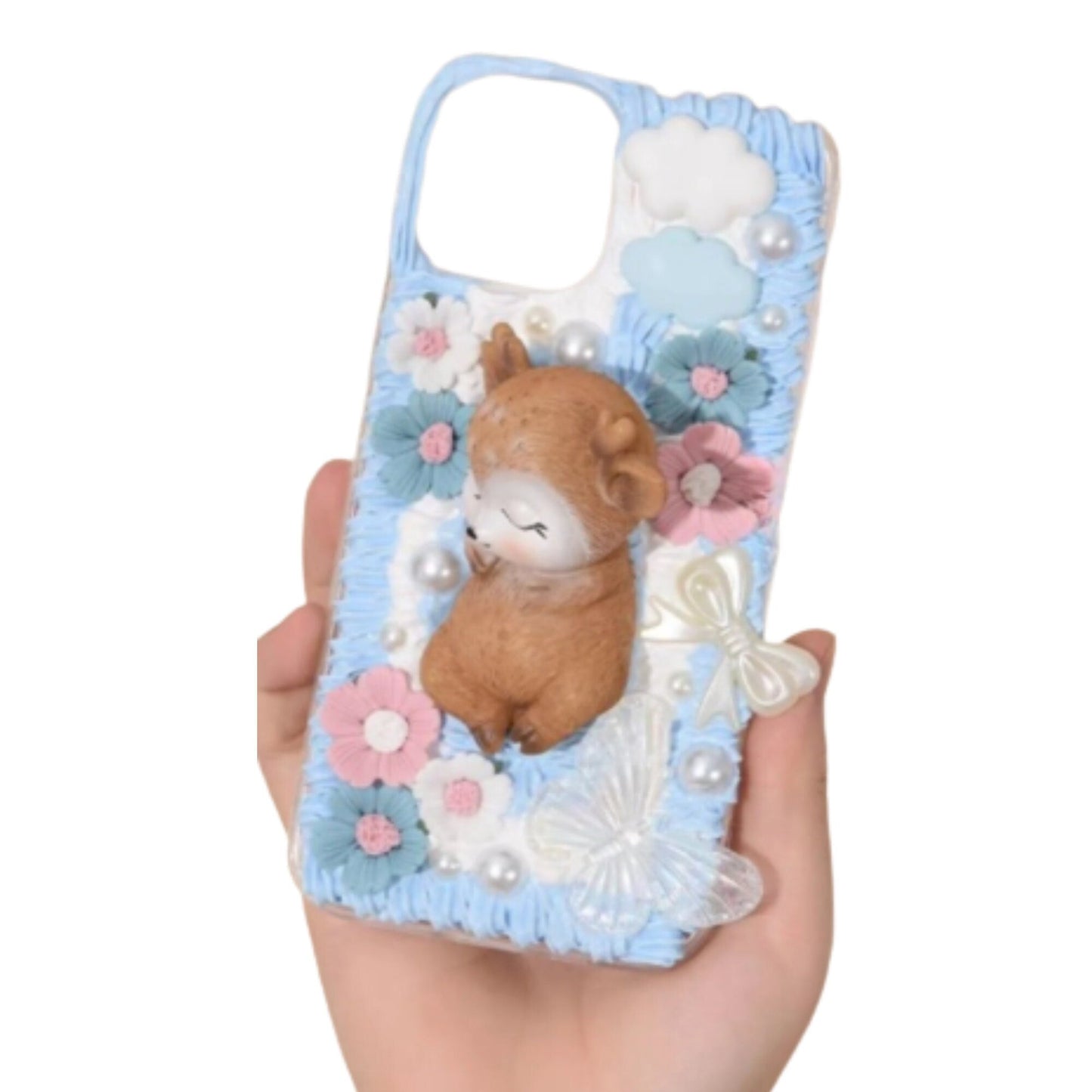 Finished Handmade Decoden Phone Cases | Kawaii Sleeping Sika Baby Deer Clouds Animal Flowers Charms | Samsung Android iPhone Cases - MeowsomeCrafts