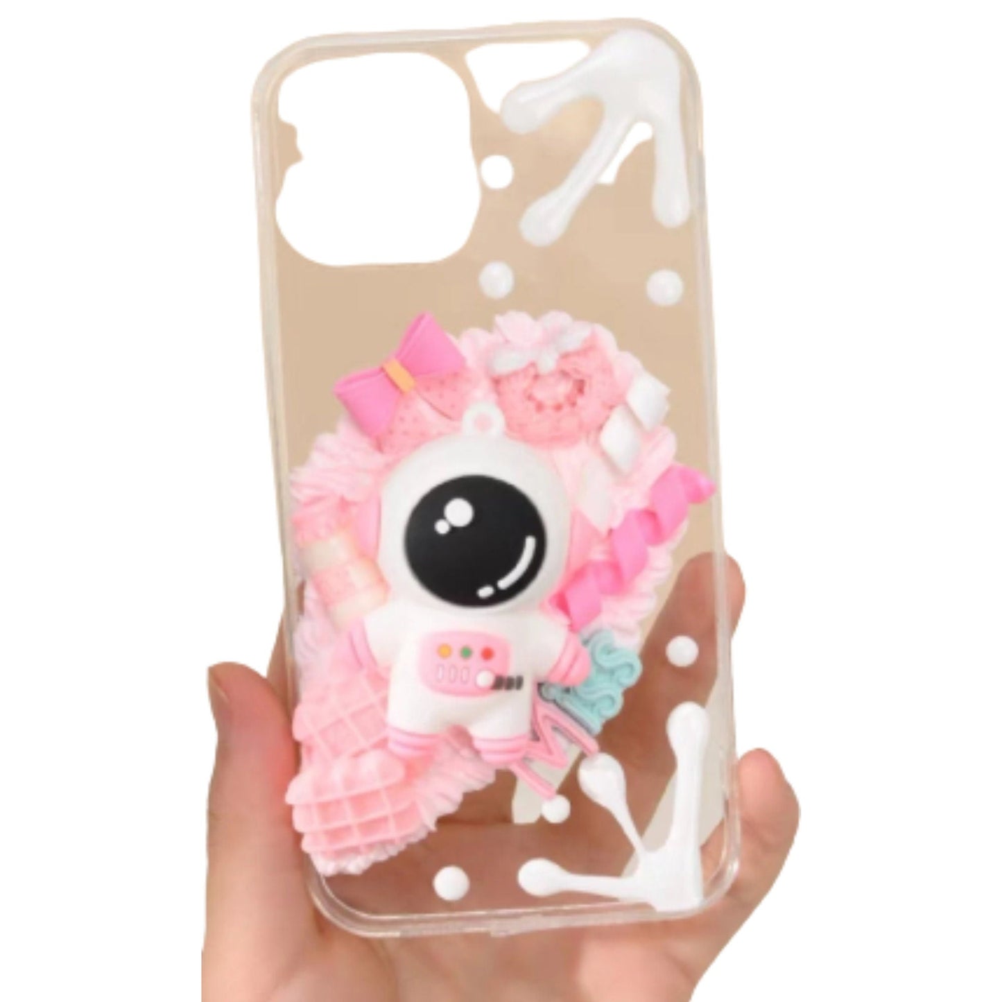 Finished Handmade Decoden Phone Cases | Kawaii Space Astronaut Confetti Food Bows Charms | Samsung Android iPhone Cases - MeowsomeCrafts