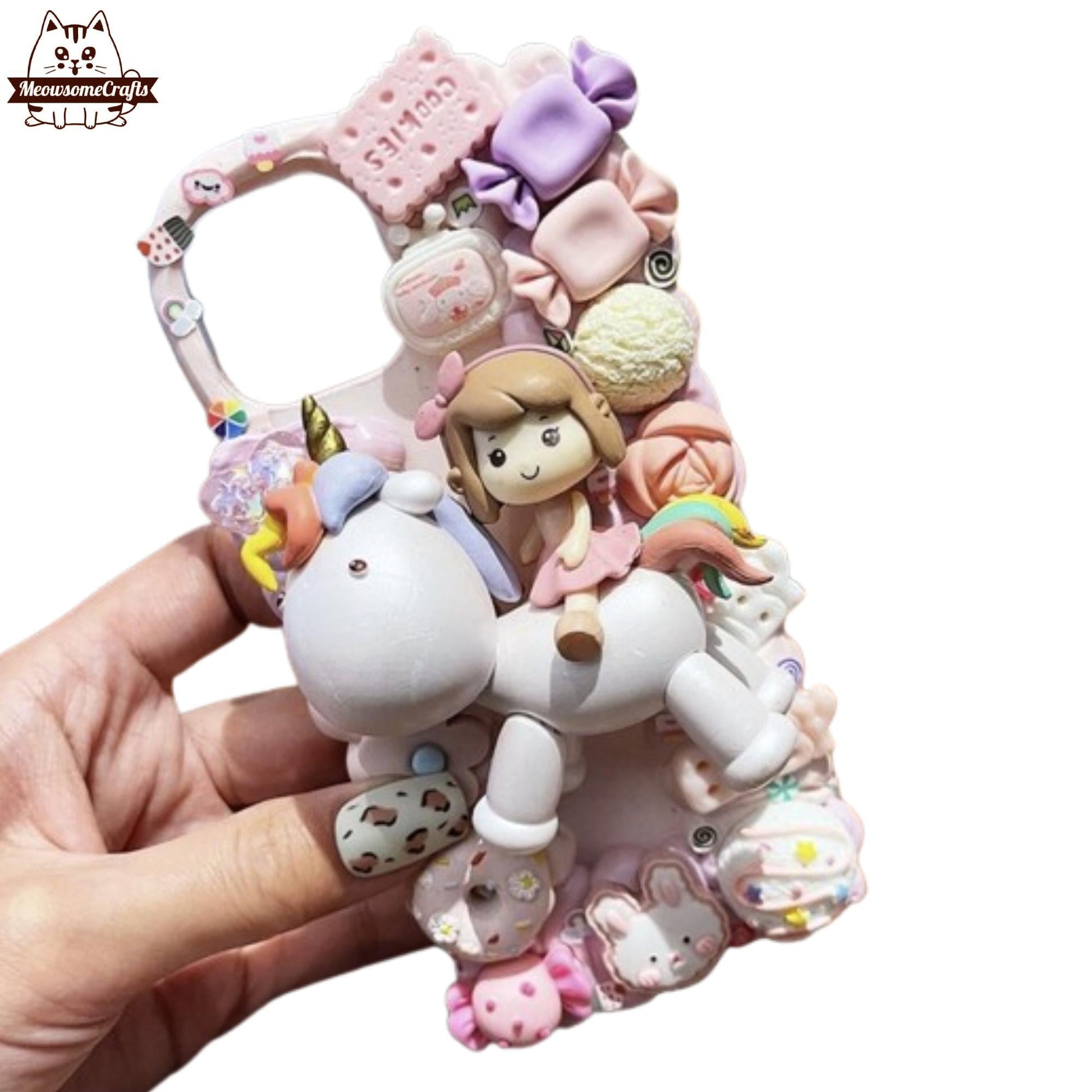 Finished Handmade Decoden Phone Cases | Kawaii Unicorn Girl Food Donut Candy Cookies Charms | Samsung Android iPhone Cases - MeowsomeCrafts