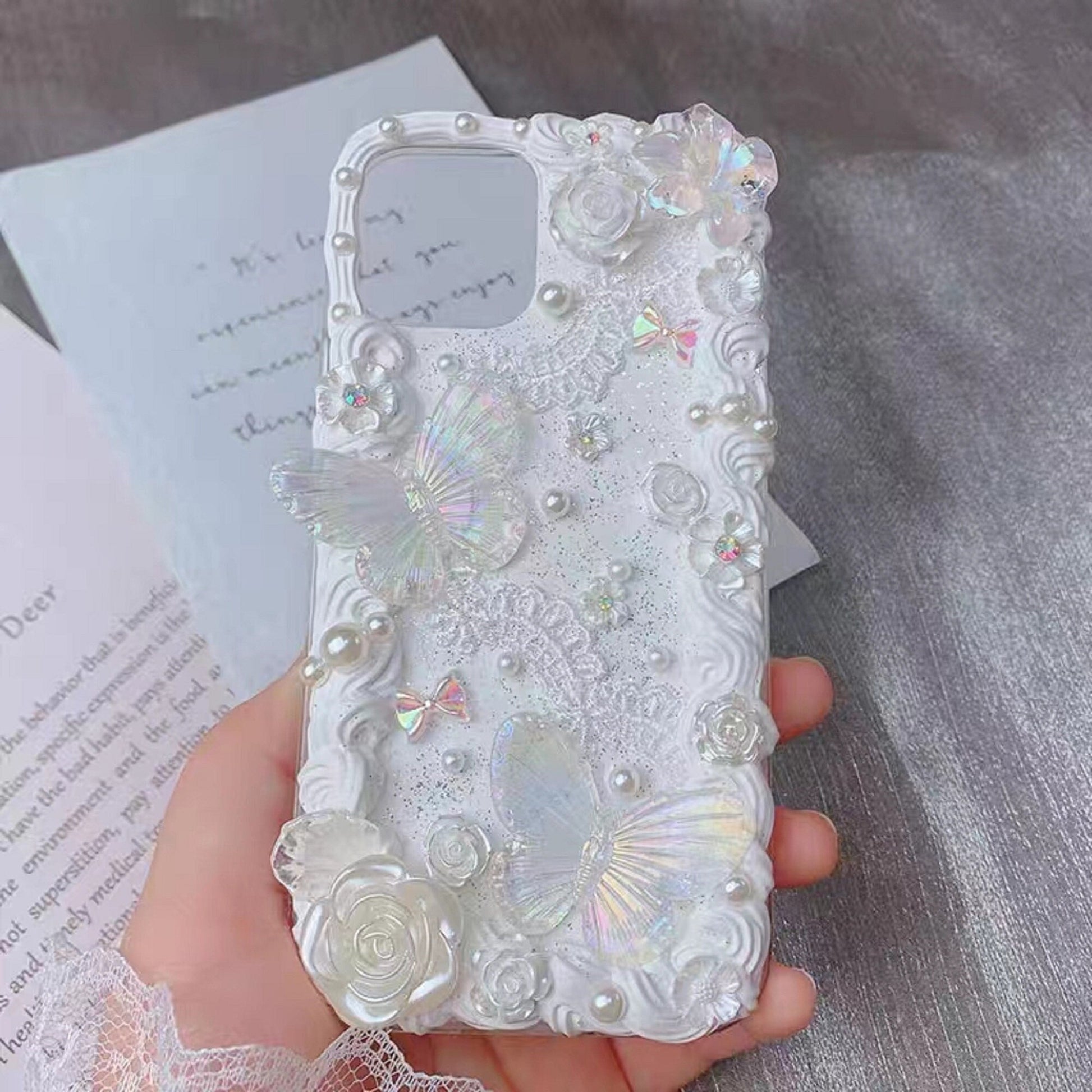 Finished Handmade Decoden Phone Cases | Lace Iridescent Butterflies Flowers Pearls Charms | Samsung Android iPhone Cases - MeowsomeCrafts