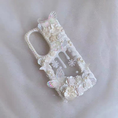 Finished Handmade Decoden Phone Cases | Lace Iridescent Butterflies Flowers Pearls Charms | Samsung Android iPhone Cases - MeowsomeCrafts