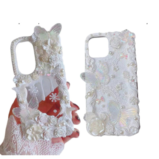 Finished Handmade Decoden Phone Cases | Lace Iridescent Butterflies Flowers Pearls Charms | Samsung Android iPhone Cases - MeowsomeCrafts