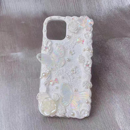 Finished Handmade Decoden Phone Cases | Lace Iridescent Butterflies Flowers Pearls Charms | Samsung Android iPhone Cases - MeowsomeCrafts