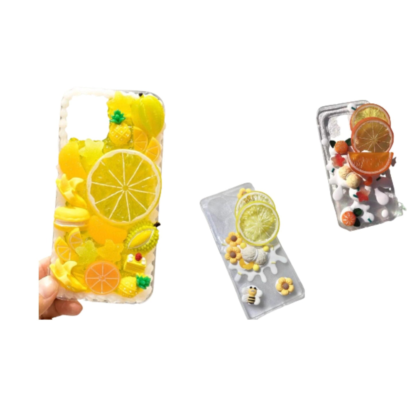 Finished Handmade Decoden Phone Cases | Lemon Orange Slices Pineapple Banana Fruits Charms | Samsung Android iPhone Cases - MeowsomeCrafts