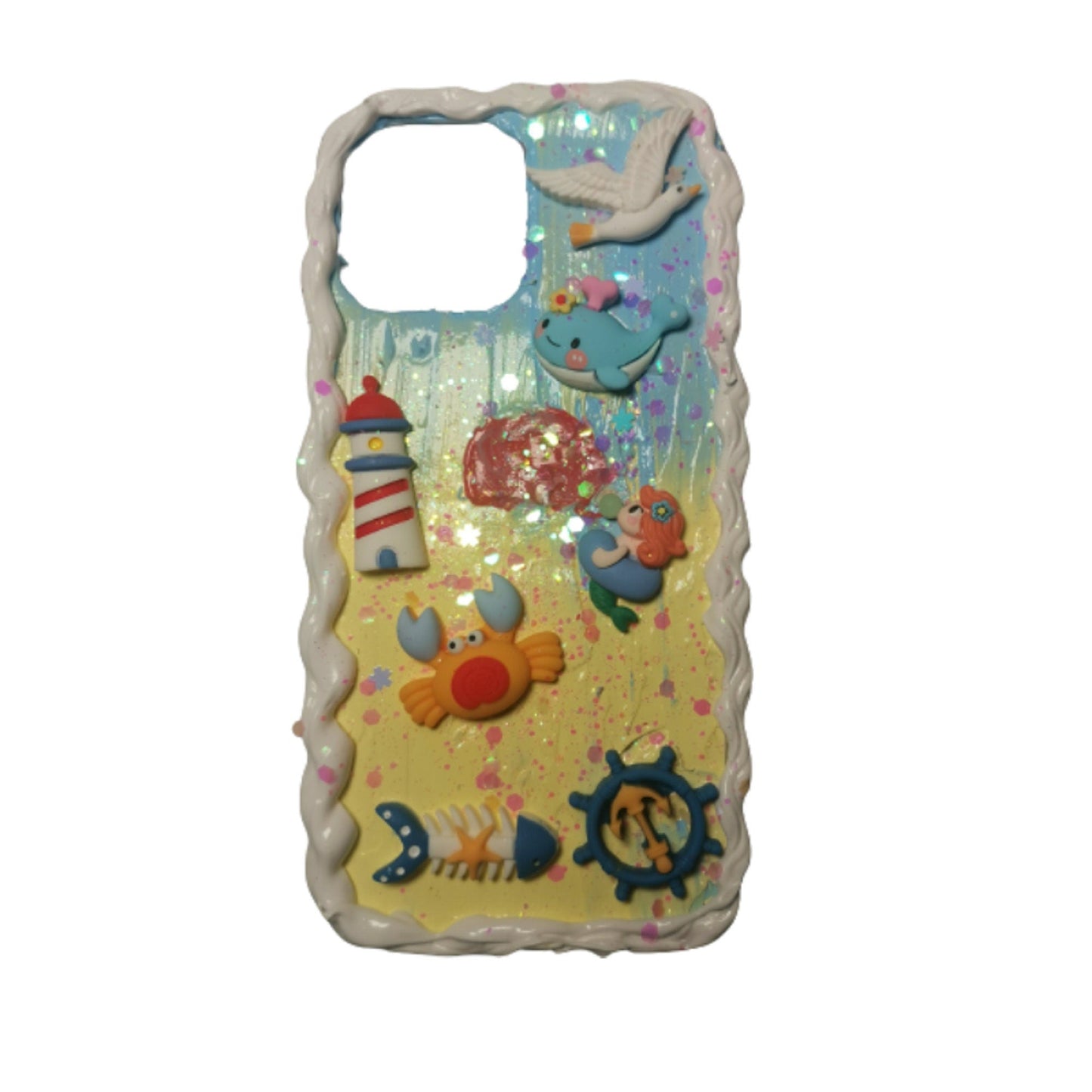 Finished Handmade Decoden Phone Cases | Ocean Life Lighthouse Crab Mermaid Whale Seagull Ship Wheel Anchor Charms | Samsung Android iPhone Cases - MeowsomeCrafts