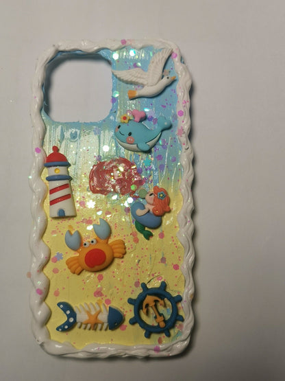 Finished Handmade Decoden Phone Cases | Ocean Life Lighthouse Crab Mermaid Whale Seagull Ship Wheel Anchor Charms | Samsung Android iPhone Cases - MeowsomeCrafts