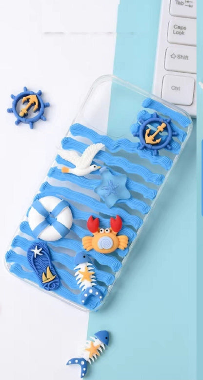 Finished Handmade Decoden Phone Cases | Ocean Sea Dolphin Starfish Crab Fish Clouds Rainbow Boat Charms | Samsung Android iPhone Cases - MeowsomeCrafts