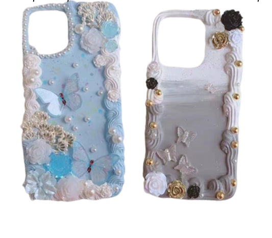 Finished Handmade Decoden Phone Cases | Pearl Flowers Roses Butterflies Pearls Charms | Samsung Android iPhone Cases - MeowsomeCrafts