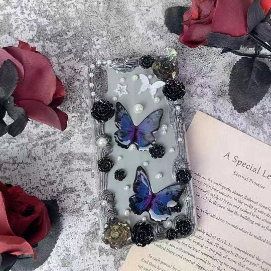 Finished Handmade Decoden Phone Cases | Purple Blue Butterflies Roses Pearls Charms | Samsung Android iPhone Cases - MeowsomeCrafts