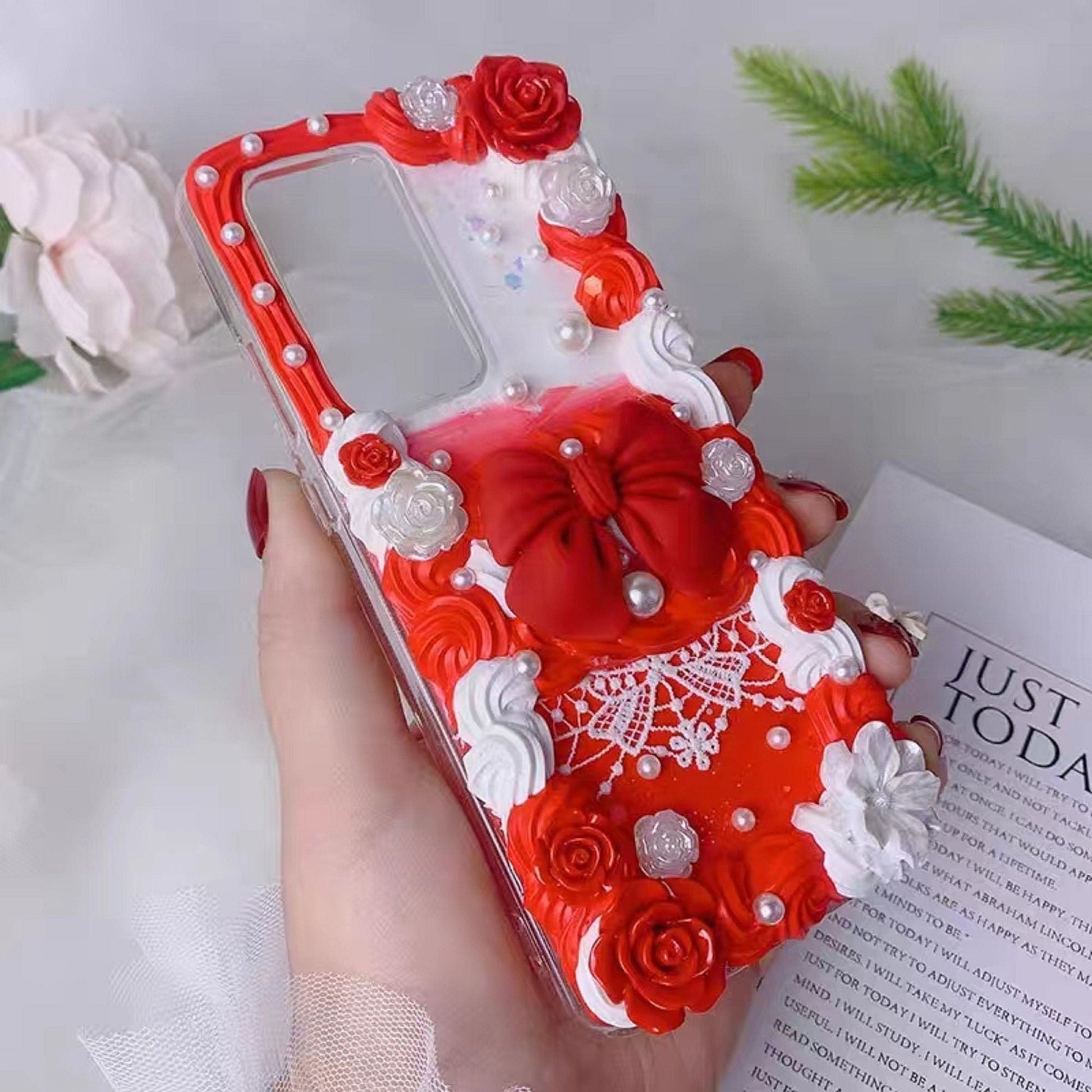 Finished Handmade Decoden Phone Cases | Red Black Big Bows Lace Flowers Pearls Charms | Samsung Android iPhone Cases - MeowsomeCrafts