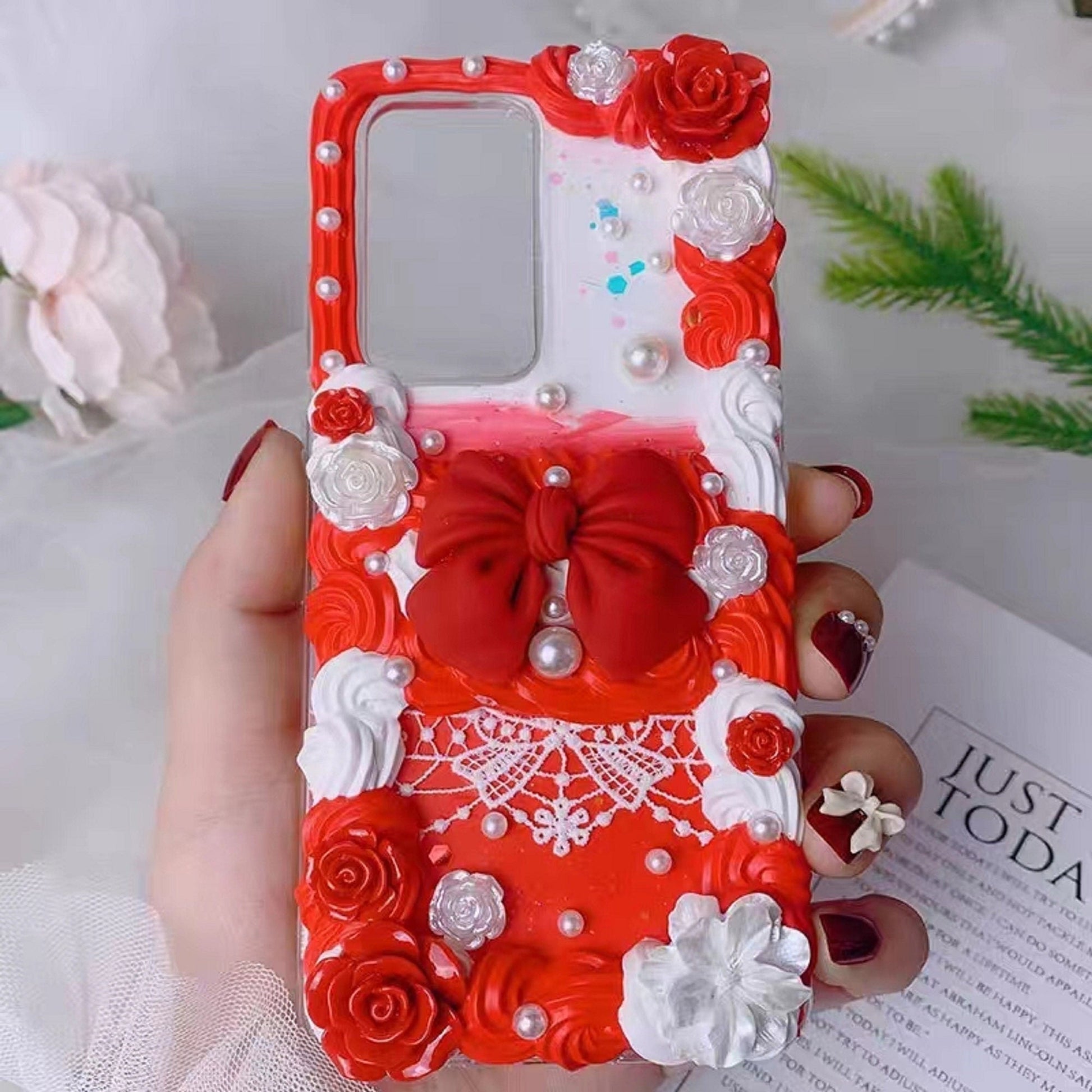 Finished Handmade Decoden Phone Cases | Red Black Big Bows Lace Flowers Pearls Charms | Samsung Android iPhone Cases - MeowsomeCrafts