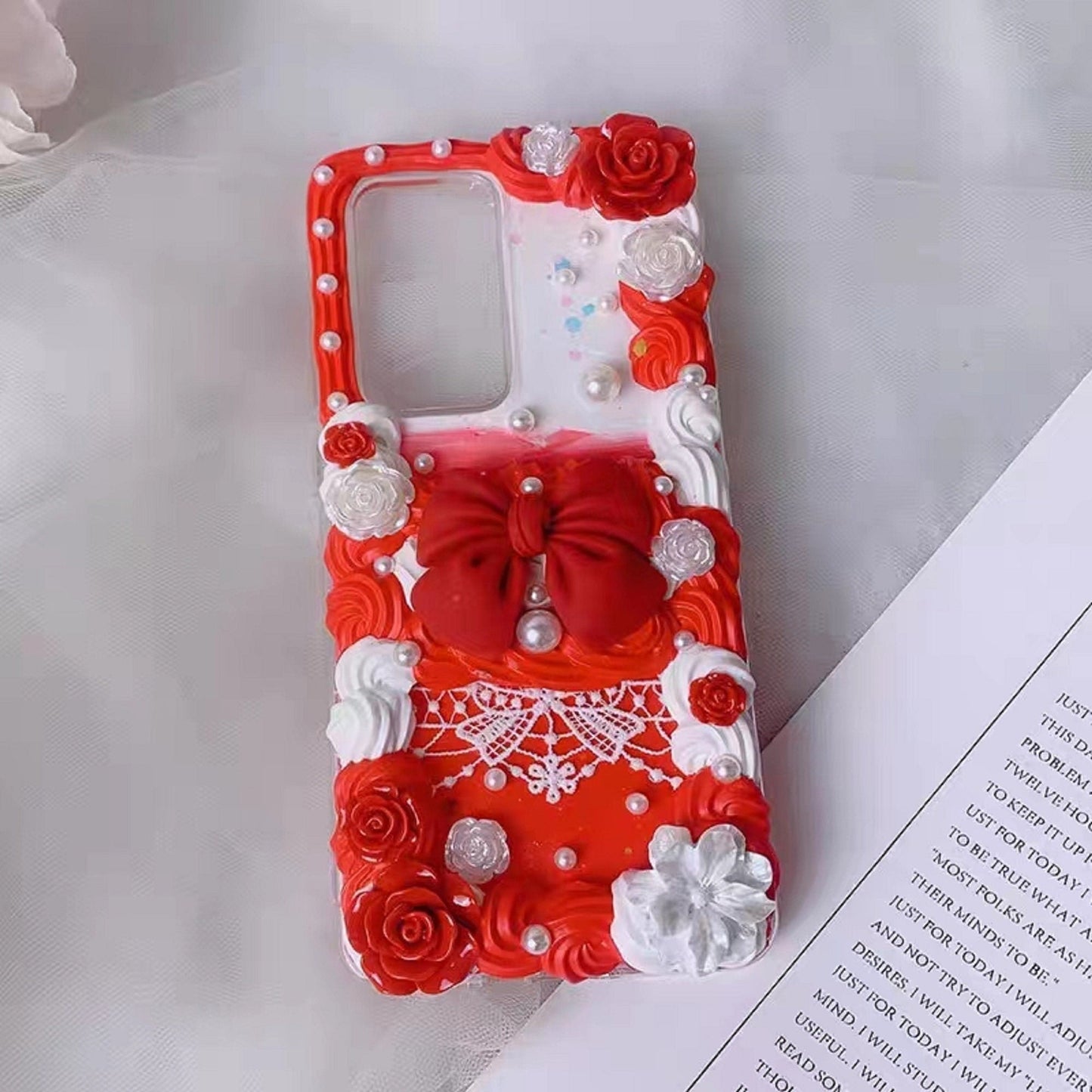 Finished Handmade Decoden Phone Cases | Red Black Big Bows Lace Flowers Pearls Charms | Samsung Android iPhone Cases - MeowsomeCrafts