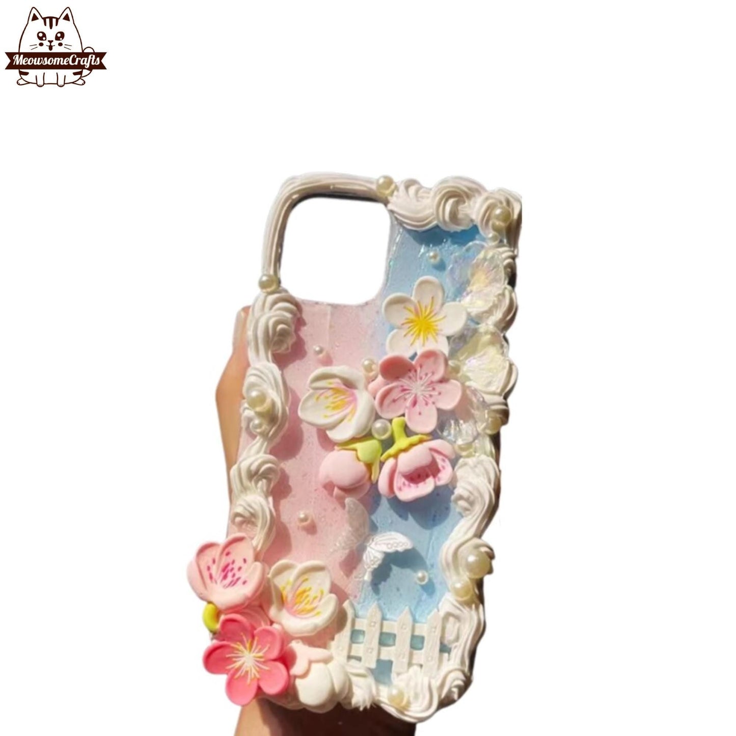 Finished Handmade Decoden Phone Cases | Sakura Flowers Pearls Teardrop Pearls Charms | Samsung Android iPhone Cases - MeowsomeCrafts