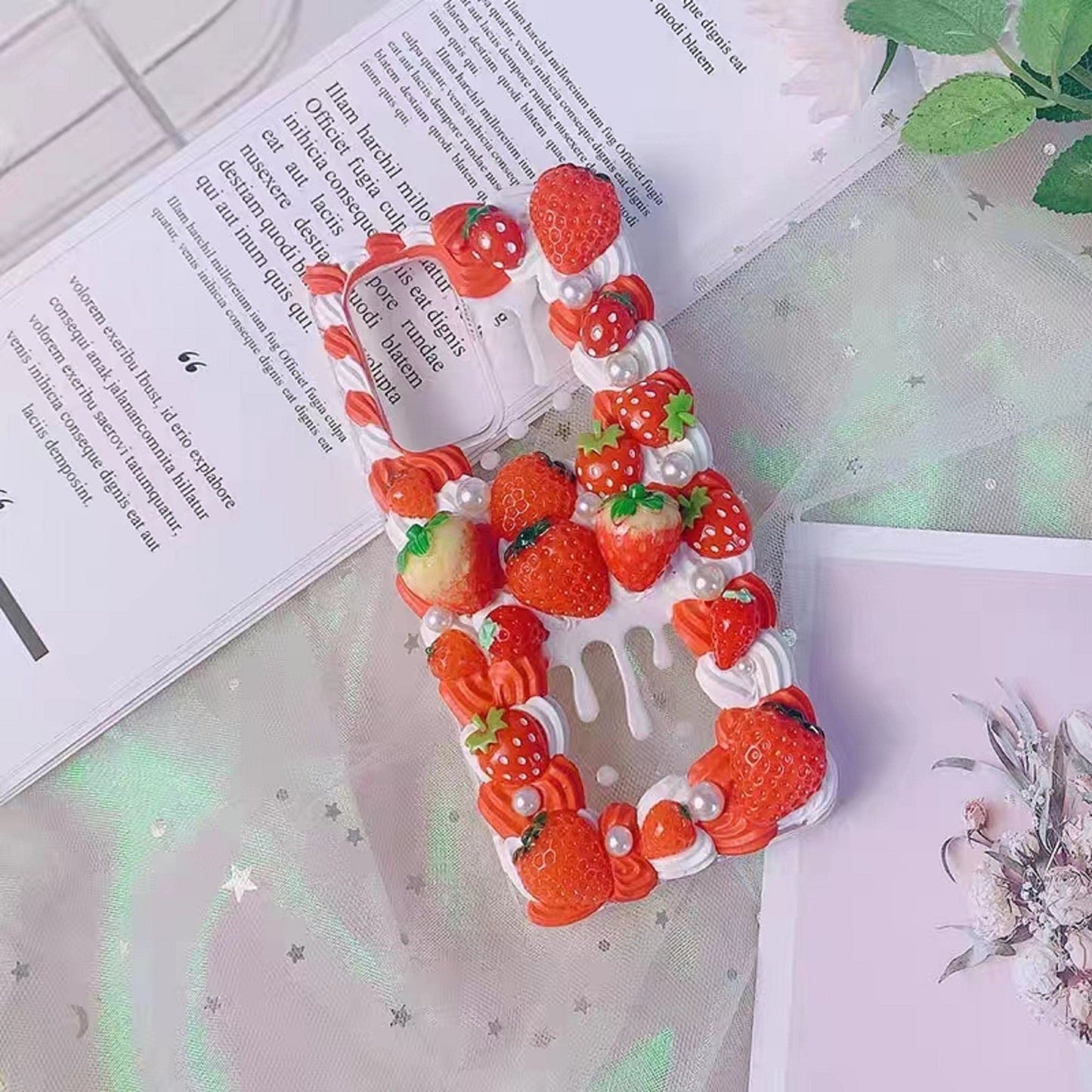 Finished Handmade Decoden Phone Cases | Strawberries Fruit Food Pearls Charms | Samsung Android iPhone Cases - MeowsomeCrafts