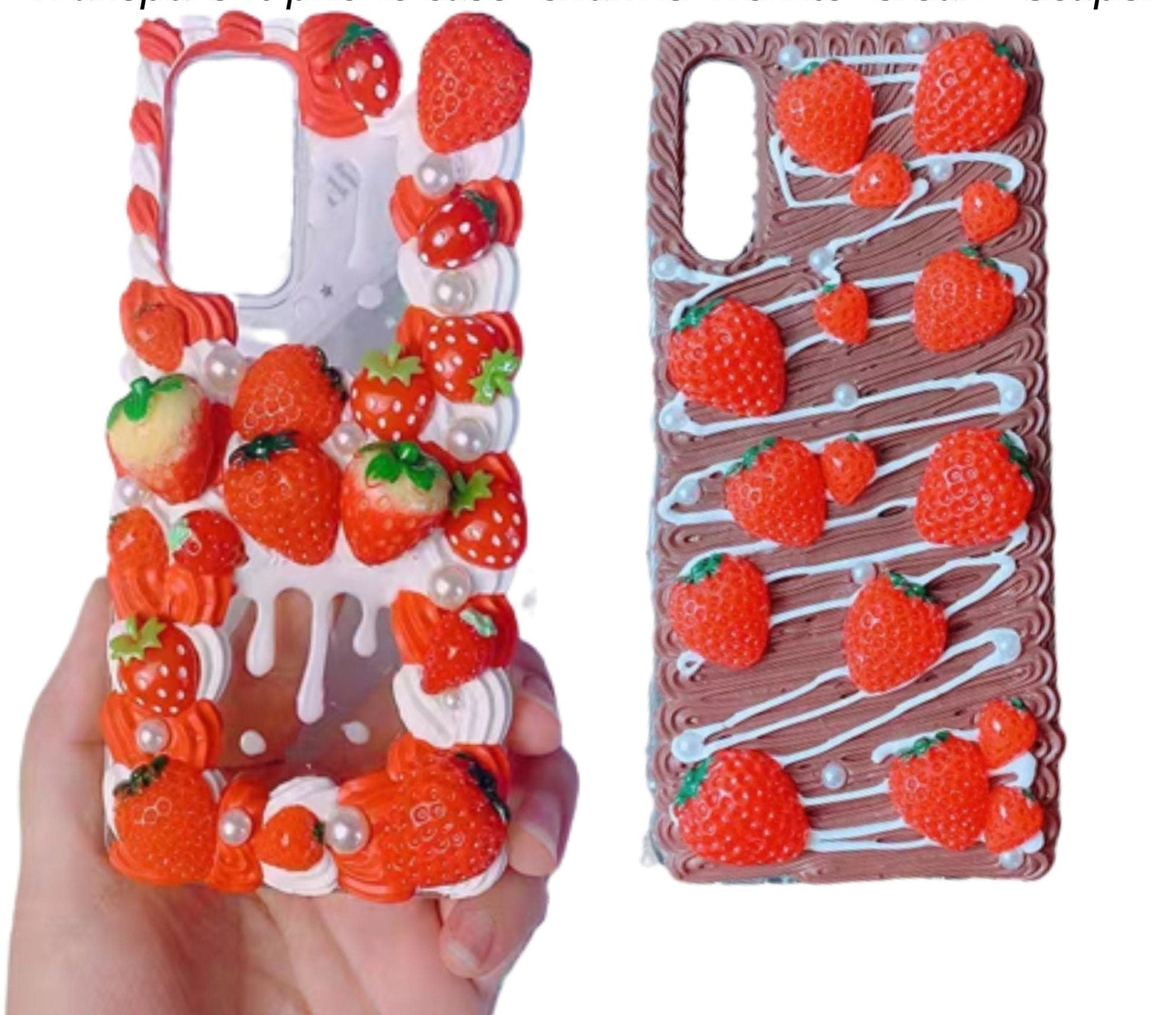 Finished Handmade Decoden Phone Cases | Strawberries Fruit Food Pearls Charms | Samsung Android iPhone Cases - MeowsomeCrafts